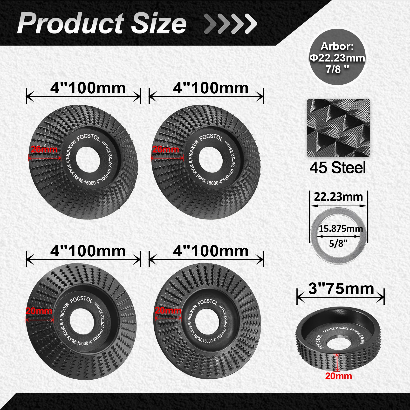 Шлифовальный круг FOCSTOL 75/100 мм для деревообработки, шлифовальный диск с шипами, шлифовальный диск, обрезка, резьба, полировка корней, шлифовальный диск по дереву