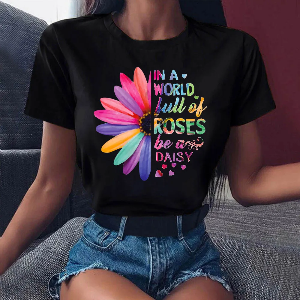 

Women T Shirt Flower Print Tops Tee Black T-shirt Female Summer T-shirt 90s Girls Graphic Tee Woman T-shirt Female Cute Tops Tee