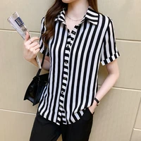 summer new office lady striped chiffon shirt elegant fashion polo neck all match short sleeve casual blouse womens clothing