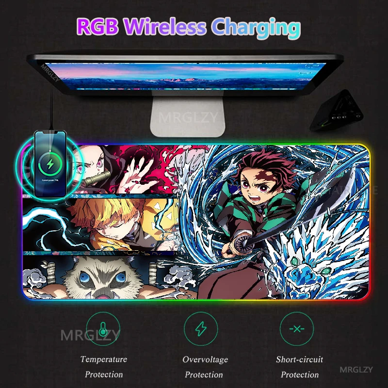 

Anime RGB LED Mouse Pad Demon Slayer Charger Mat Wireless Charging Play Mats Game Accessories Tanjirou Backlit Gaming Carpet Rug
