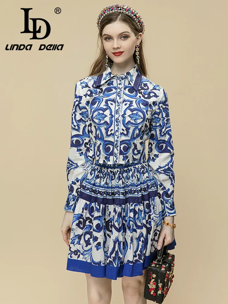 

LD LINDA DELLA Designer Summer Cotton Women Blue and white porcelain Long sleeve Elegant Shirts＋Short Skirts 2 Pieces Suit