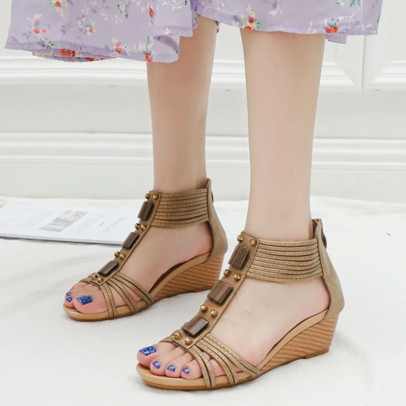 

Сандалии женские с открытым носком, босоножки в римском стиле, удобные туфли-лодочки на танкетке, обувь на молнии с вырезами