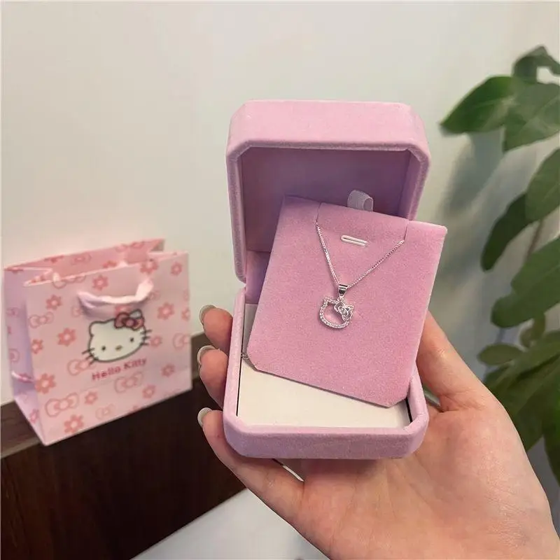 

Kawaii Hello Kitty Necklace with Box Anime Ring Sanrios Clavicle Chain Adjustable Cartoon Accessories Wedding Cute Birthday Gift
