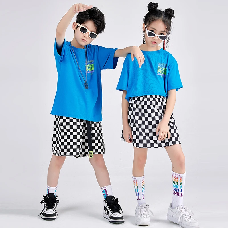 

Girls Hip Hop Dancing Clothes Suit Boys Summer Street Dance Outfit Blue Tops Plaid Shorts Jazz Performance Dancewear VDB5022