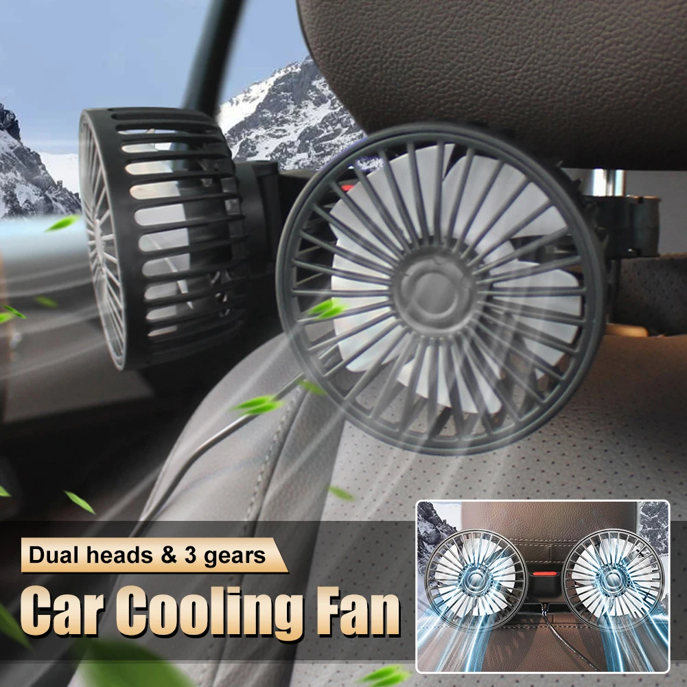 Universal Car Fan Double Head USB Powered Car Cooling Fan for Backseat Headrest Fan 3 Gear 360-Degree Adjustable for Car Truck