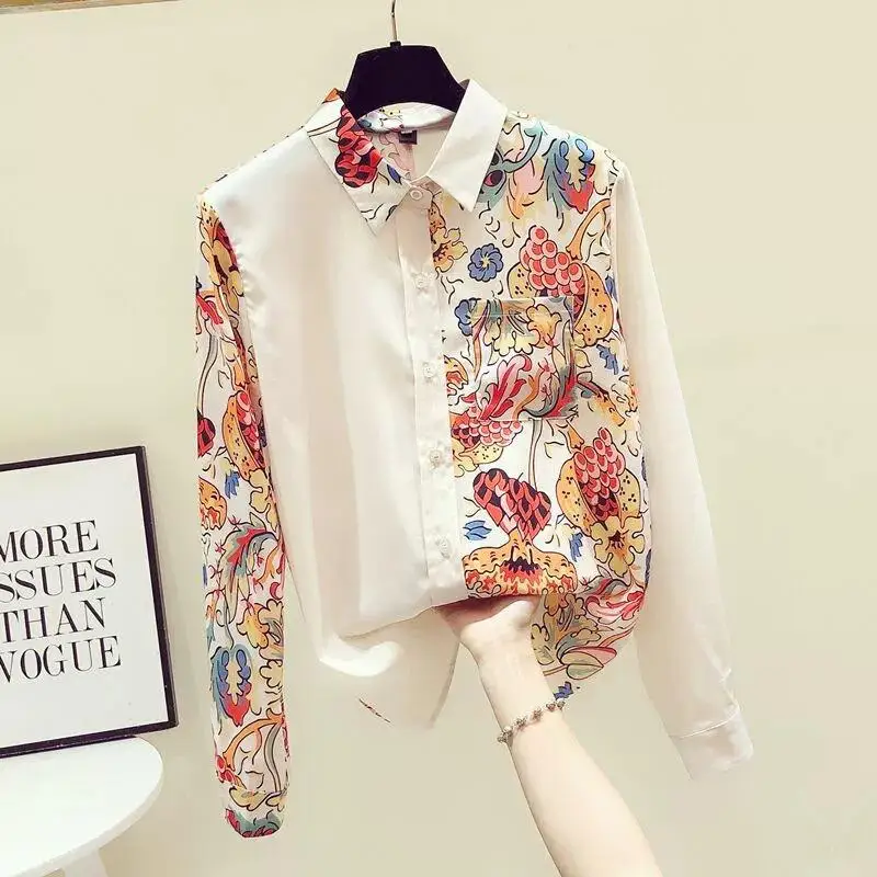 

Fashion Woman Blouse 2023 Autumn New Niche Design Sense Print Patchwork Shirt Women Long Sleeve Top