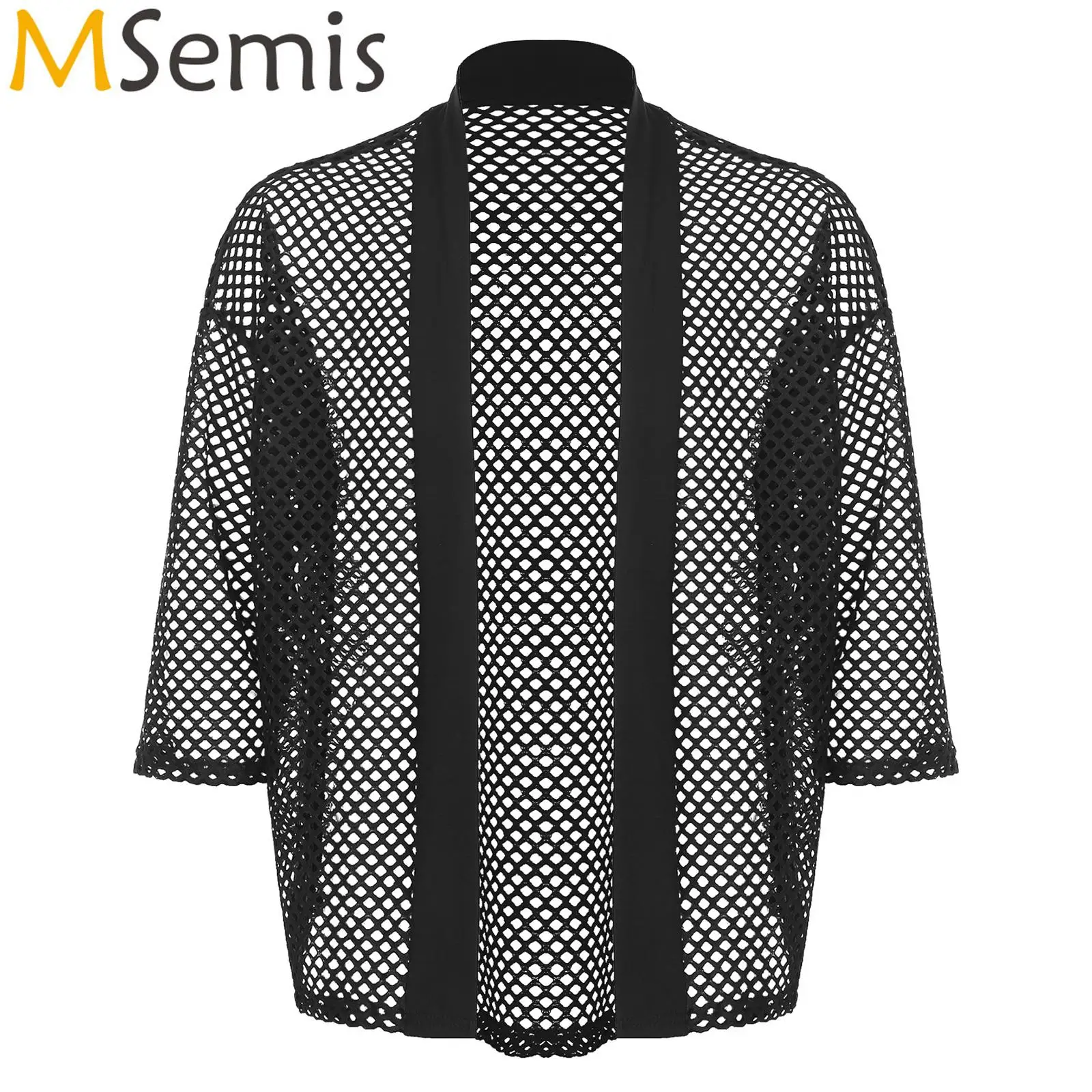 

Mens Hollow Out Fishnet Kimono Cardigan Open Front 3/4 Sleeve see through Sheer Jacket Outwear Cover Ups Beachwear Clubwear