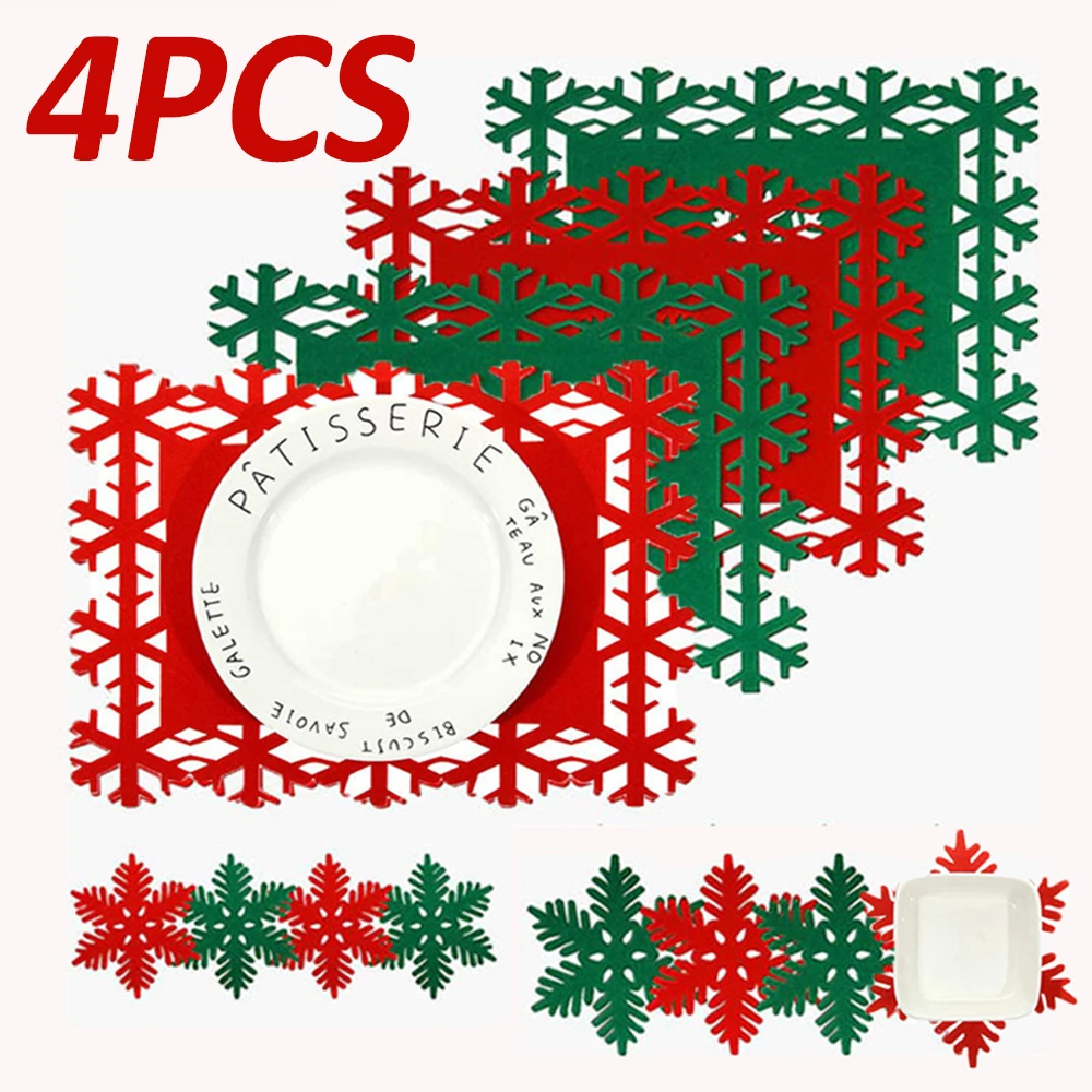 

4PCS Christmas Placemats Snowflake Shaped Felt Cup Mat Anti-Skid Table Placemat Kitchen Food Bowl Mat Cushion for Home Table