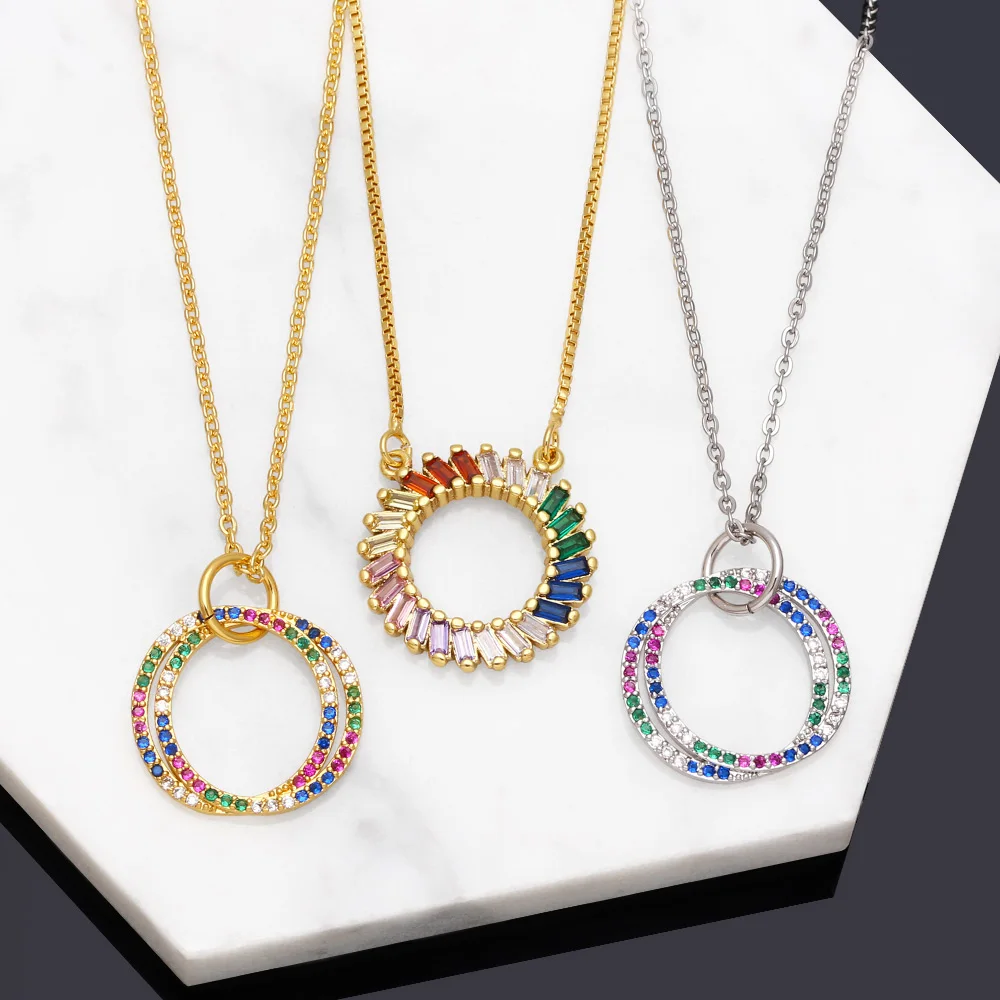 

FLOLA, позолоченная искусственная кожа для женщин, медный Цирконий, кристалл, диск, ожерелье, радуга, ювелирные изделия, женские модные, nkeb336