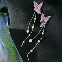 shiny butterfly rhinestone drop earring for women elegant pearl purple silver tassel pendientes party fashion jewelry charm gift