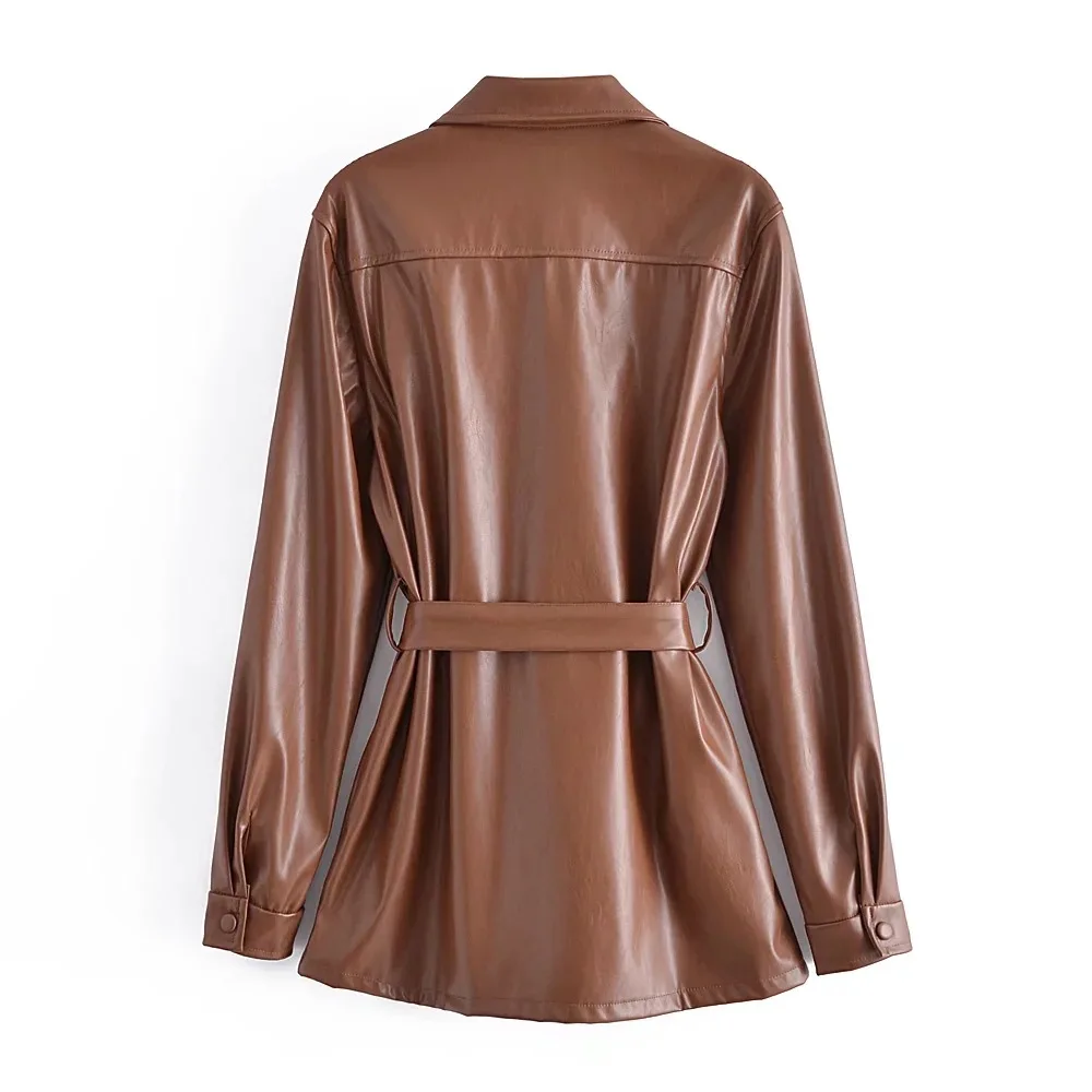 MOLAN Za Woman Leather Jacket PU Coat Fashion New High Street Camel With Belt Outwear Female Vintage Chic Jacket Coat