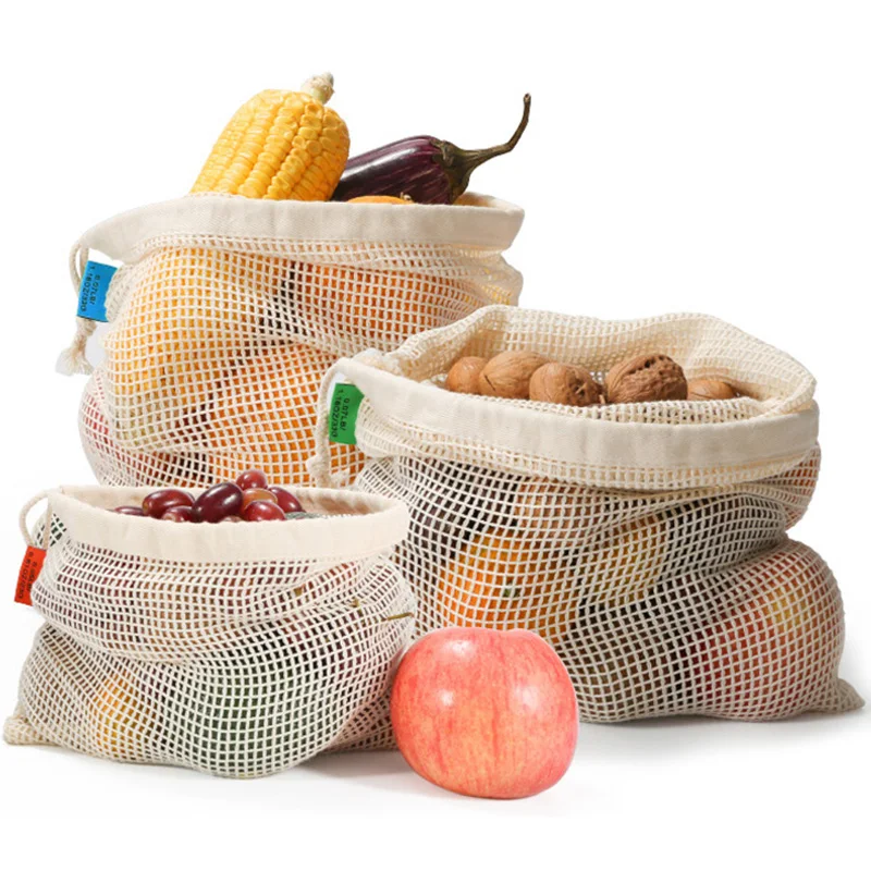 

Reusable Organic Cotton Produce Bags Set of Mesh Storage Bag with Drawstring Eco-Friendly for Fruits Vegetable Shopping