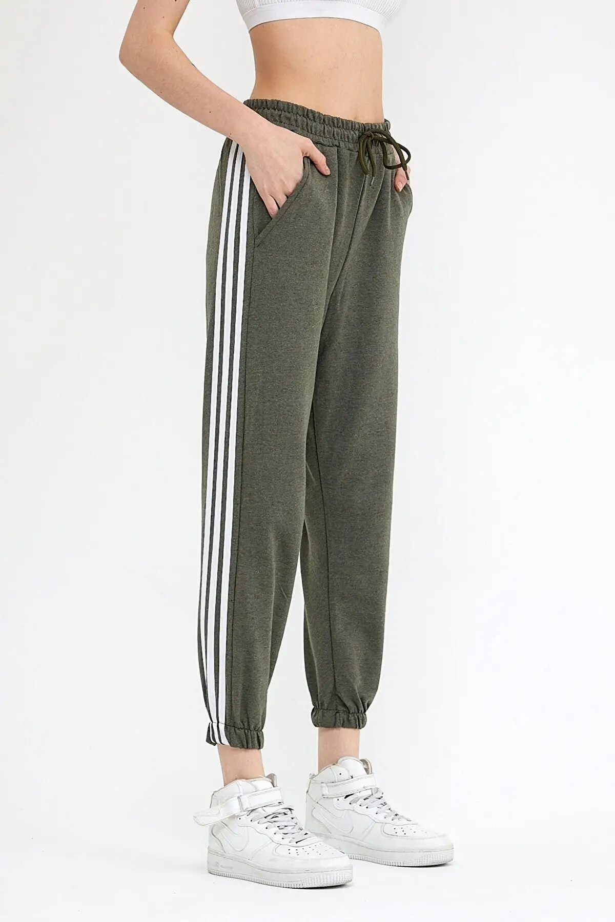 

Женская Антрацит с полосатыми карманами без карманов из хлопка, длинная эластичная тележка серого цвета