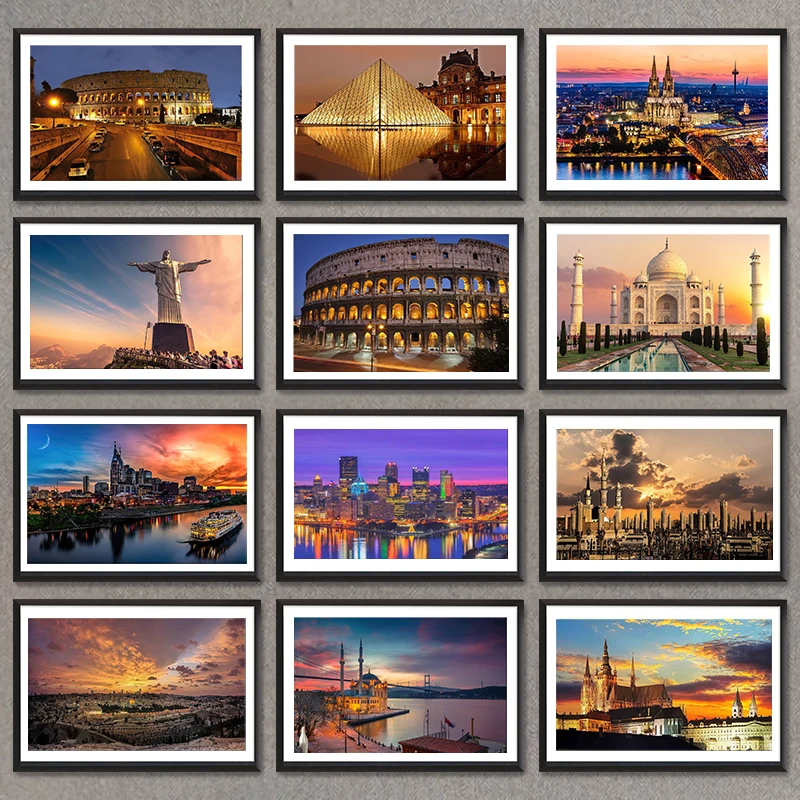 

Famous City Night Landscape Poster Louvre Museum Rome Colosseum Jerusalem Sunset Wall Picture Print Home Decor Canvas Painting