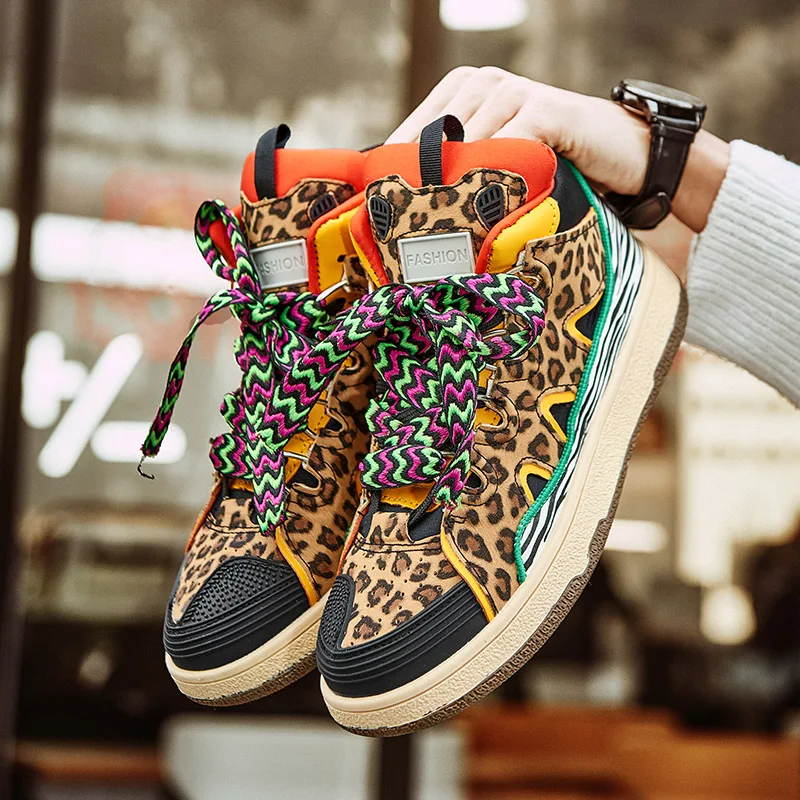 

Leopard Men's Casual Shoes Fashion Vulcanize Sneakers Male Luxury High Top Men Designer Shoes Chunky Original chaussures hommes