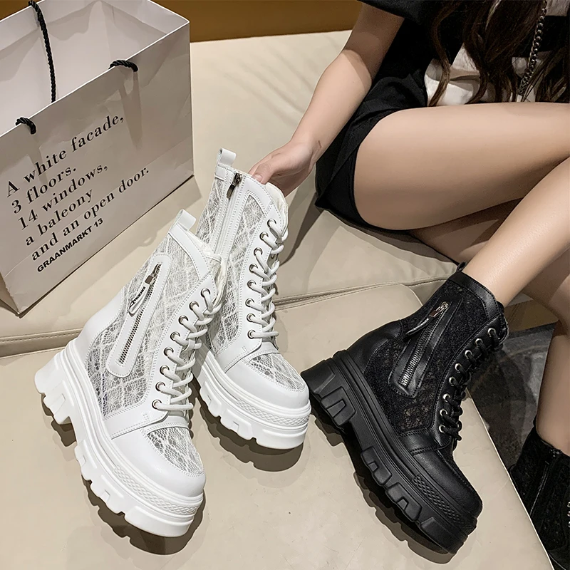 

2022 New Women's Shoes Spring and Autumn Fashion Thick-soled Thin Mesh Boots Women's Round Toe Mid-heel Hollow Sandals
