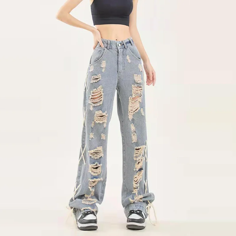 Four Seasons Men's Trousers High Street Trend Big Hole Side Tie Design Hip-Hop Jeans Men's and Women's Same Style Ins Hot Sale