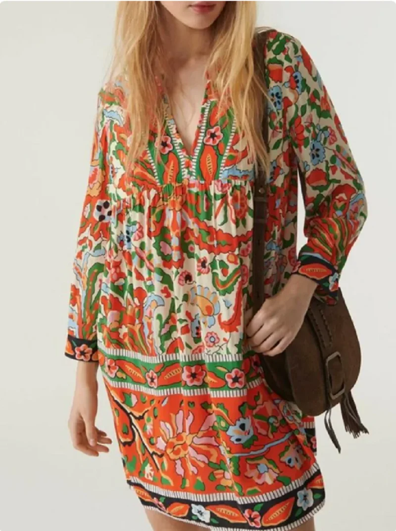 

Women Mini Dress Printed Long Sleeve Beach Style Robe