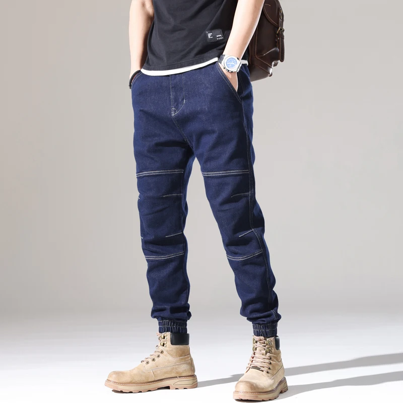 

Fashion Designer Jeans Men Retro Dark Blue Spliced Designer Casual Denim Cargo Pants Hombre Hip Hop Joggers Men Jeans Overalls