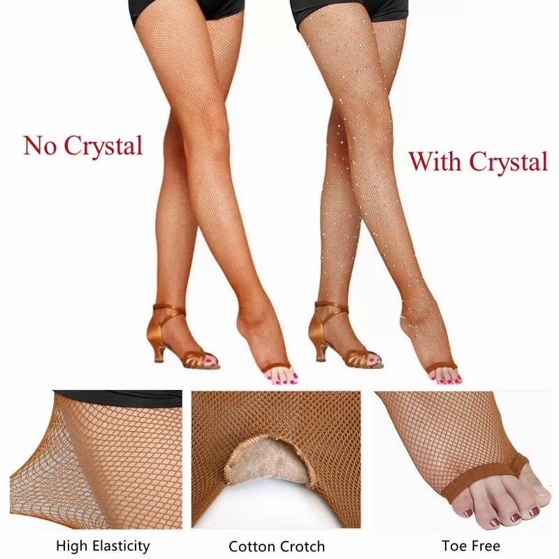 

Glitter Crystal Women Sexy Open Toe Stockings High Elasticity Fishnet Latin Tights Reinforced Cotton Crotch Pantyhose