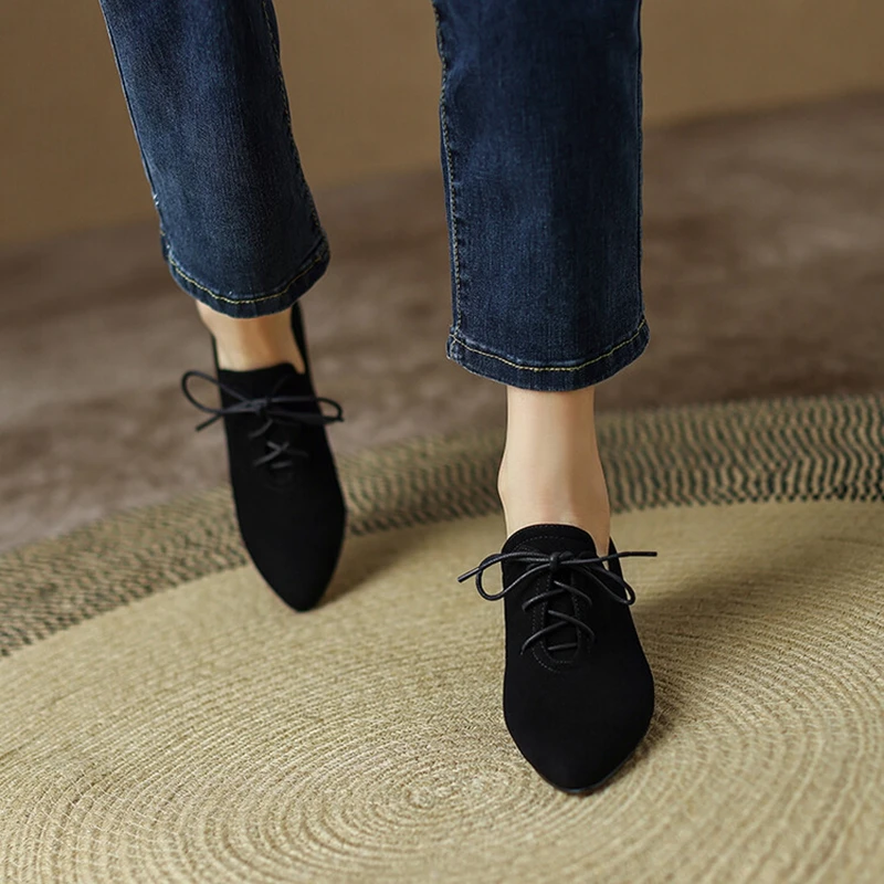 

2022 Spring/Autumn Women Shoes Pointed Toe High heels Sheep Suede Chunky Heel Pumps Plus Size Retro Lace Up Black Shoes Women
