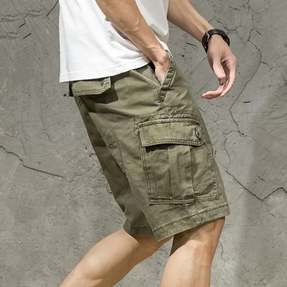

Men Pants Solid Color Buttons Decor Loose Type Multi Pockets Wide Leg Summer Men Loose Work Casual Short Pants Male Clothes 2022