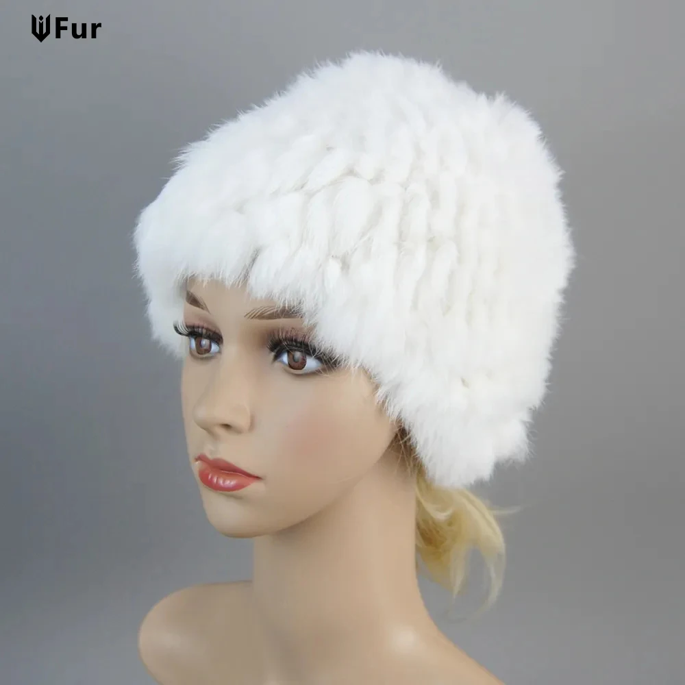 

Russian Women Good Elastic Real Rabbit Fur Skully Hat Lady Winter Warm Knitted Genuine Rabbit Fur Hats Outdoor Fluffy Fur Caps