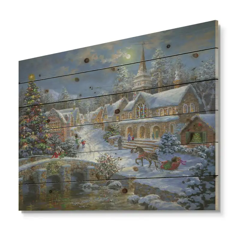 

Paradise with church snow and open sleigh' Print on Natural Pine Wood