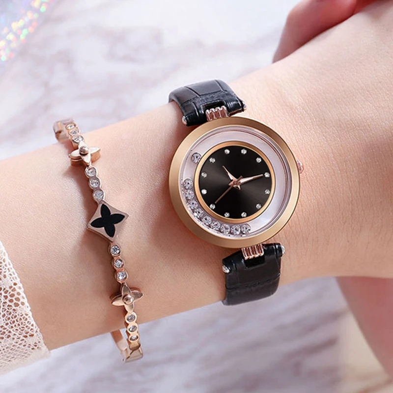 

Mode Frauen Lederband Kleid Uhr Damen Armband Quarz Armbanduhr Luxus Gold Schwarz Gürtel Kristall Zifferblatt Beiläufige Uhr