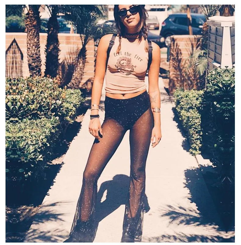 

Black Mesh See Through Beach Bell Bottom Sexy Flare Pants Streetwear Rave Bottoms Sparkly Rhinestone pants women y2k pants
