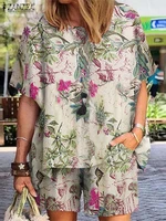 zanzea 2pcs women vintage floral printed short sleeve blouse suits bohemian summer sets casual loose tracksuits beach short sets