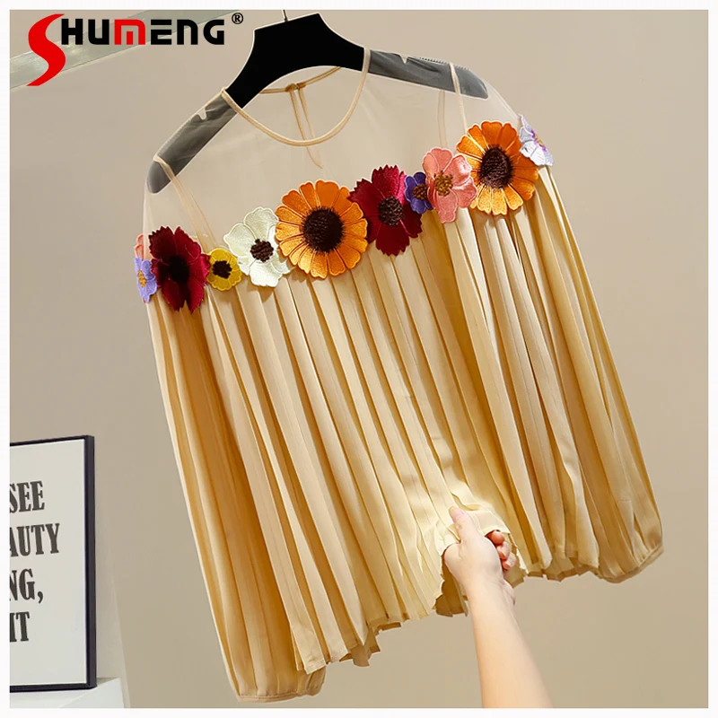 

Модный сетчатый лоскутный пуловер контрастных цветов с трехмерным цветочным рисунком и круглым вырезом, плиссированная рубашка, свободные блузки