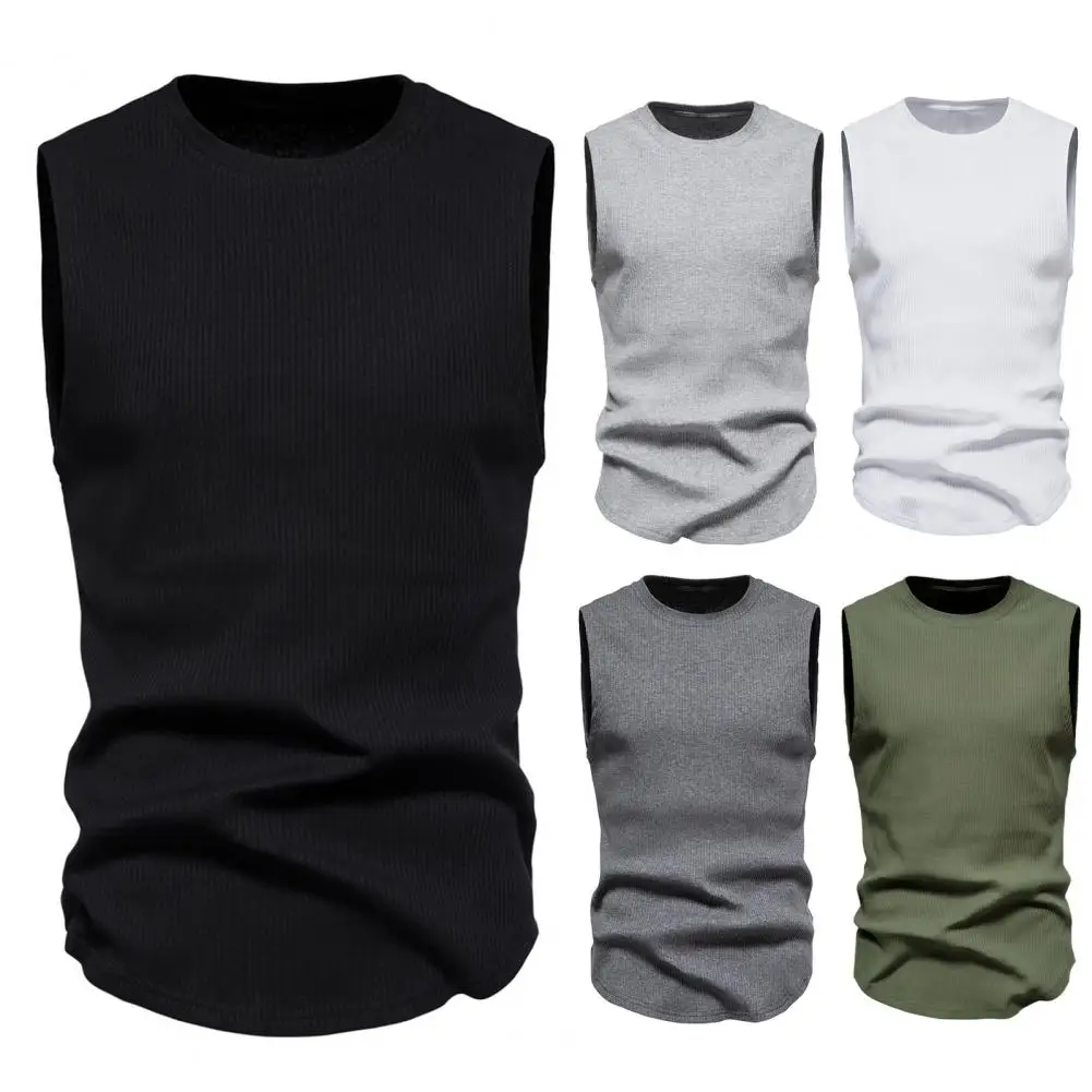 

Men Summer Vest Round Neck Solid Color Sleeveless Slim Breathable Sports Knitted Elastic Men Sport Tank Top Male Clothing