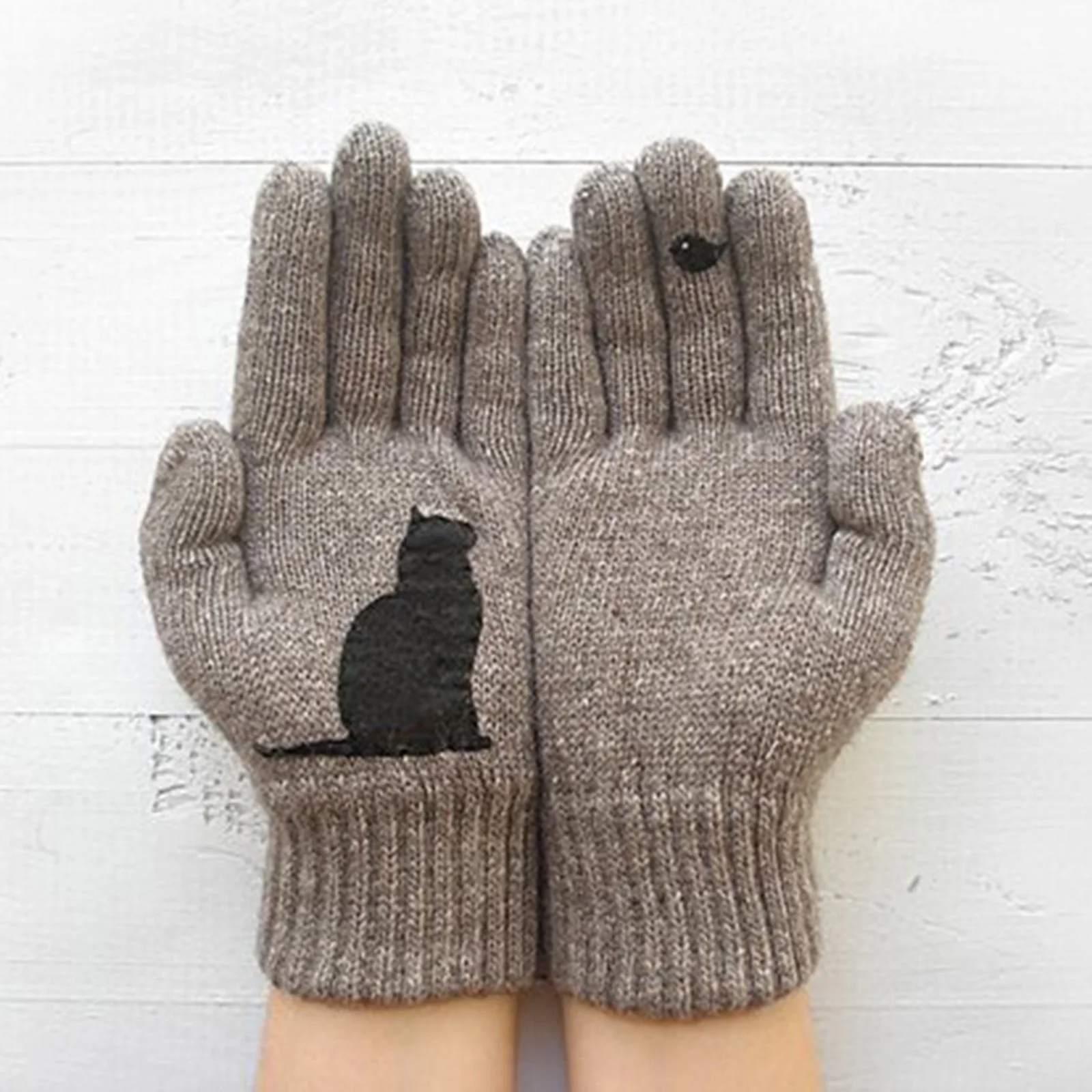 

1 Pair Of Ladies Wool Gloves Autumn Winter Outdoor Warm Cat Printed Gloves Thick Warm Gloves For Cycling Hiking Skiing Snowboard