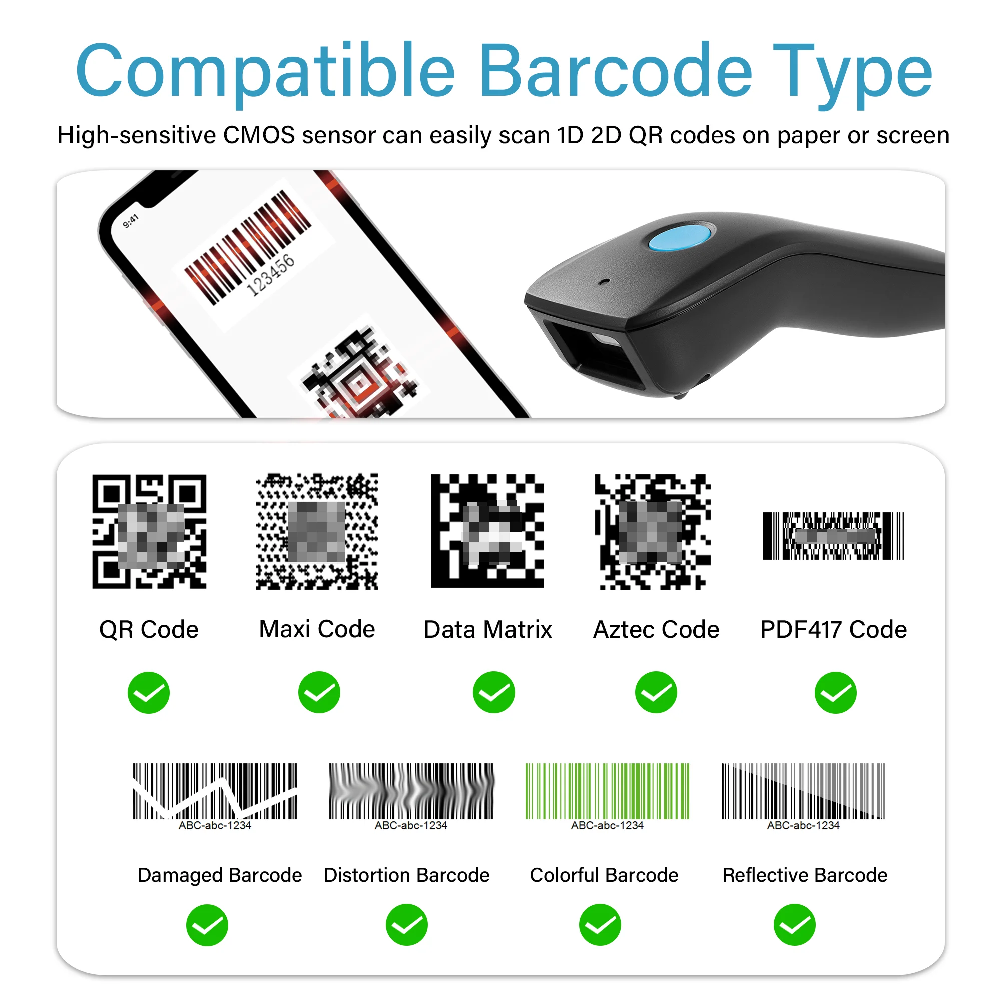 Фото Мини-сканер штрих-кодов 3-в-1 Bluetooth (1D, 2D, QR-коды) с CCD-сенсором, портативный, с аккумулятором большой емкости, для телефона №2