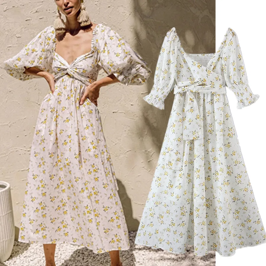 

Dave&Di France Style Indie Folk Overlapping Vintage Puff Sleeve Floral Print Holiday Beach Summer Maxi Dress Women