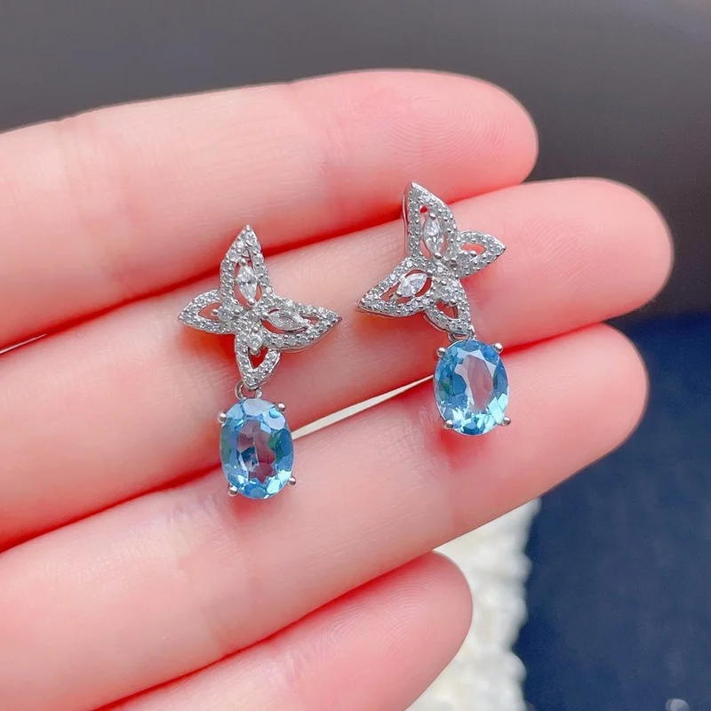 

Gemicro Natural Topaz Earrings For Women Gemstone Earring Blue Stone 925 Sterling Silver White Gold Plated Wedding Jewelry