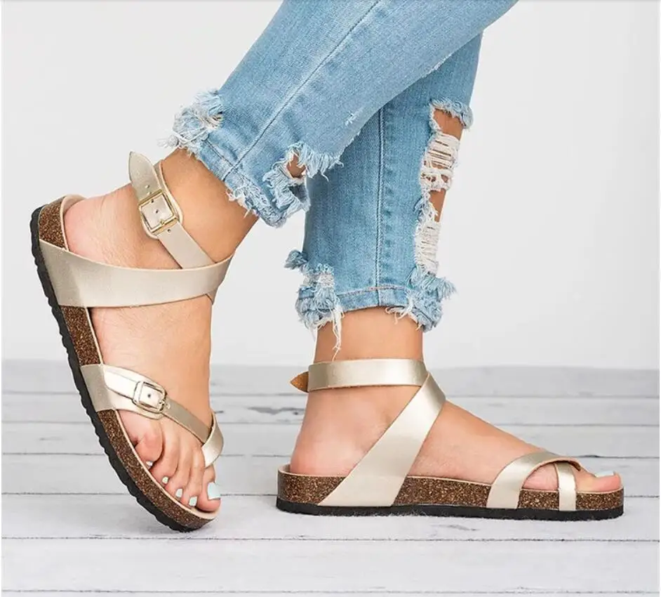 Women's sandals sandals new women's summer belt buckle sandals to increase size 43 leather flat sandals female trigger leisure b