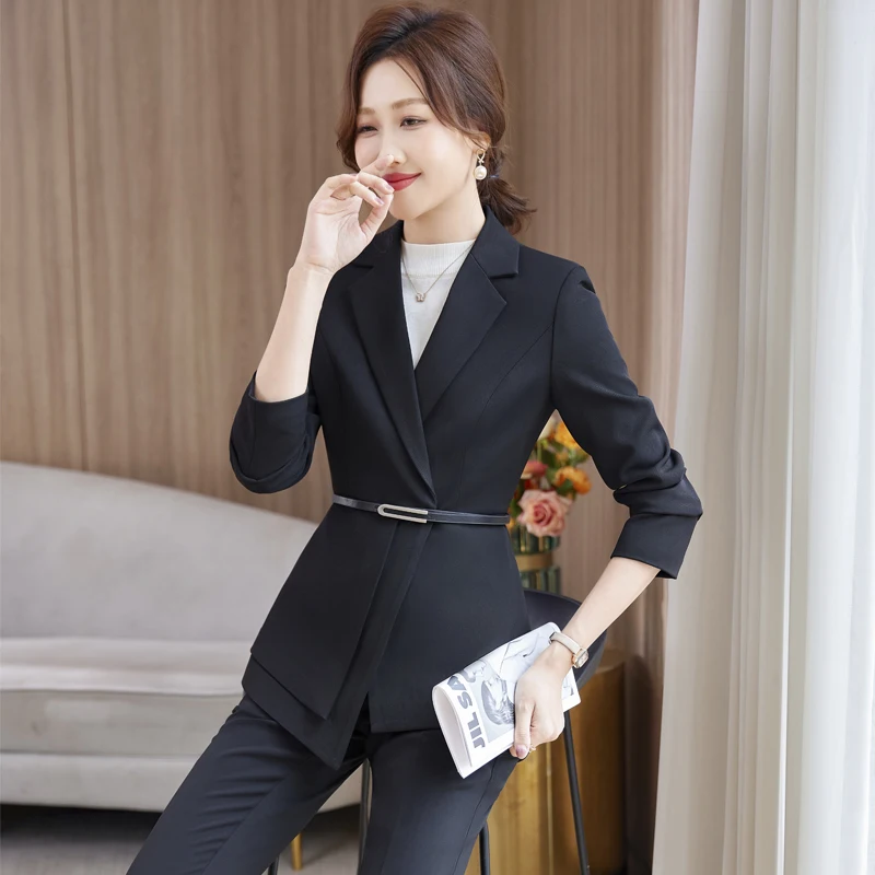 Elegant Women Formal Pant Sets 2023 New in Jacket Blazer with Belt +Pant Suit Office Lady Work Wear Business Female 2 Pieces Set