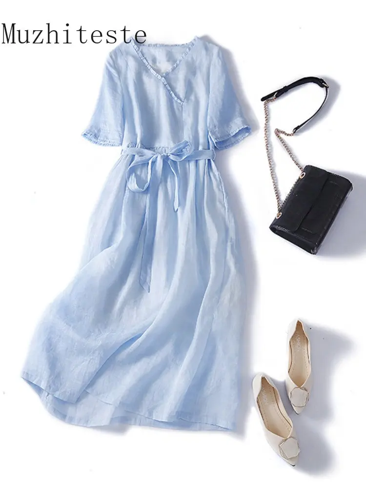 

Женское платье из хлопка и льна, Элегантное Длинное платье с высокой талией и V-образным вырезом, Офисная Мода, Новинка лета 2023