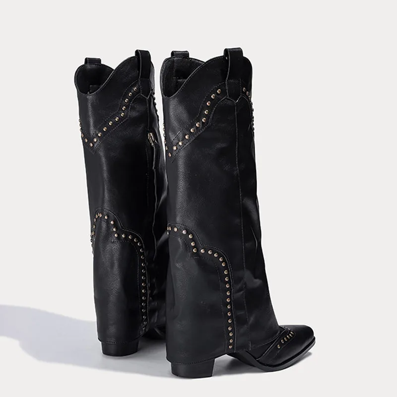 Женские ковбойские сапоги до колена на высоком каблуке с заклепками