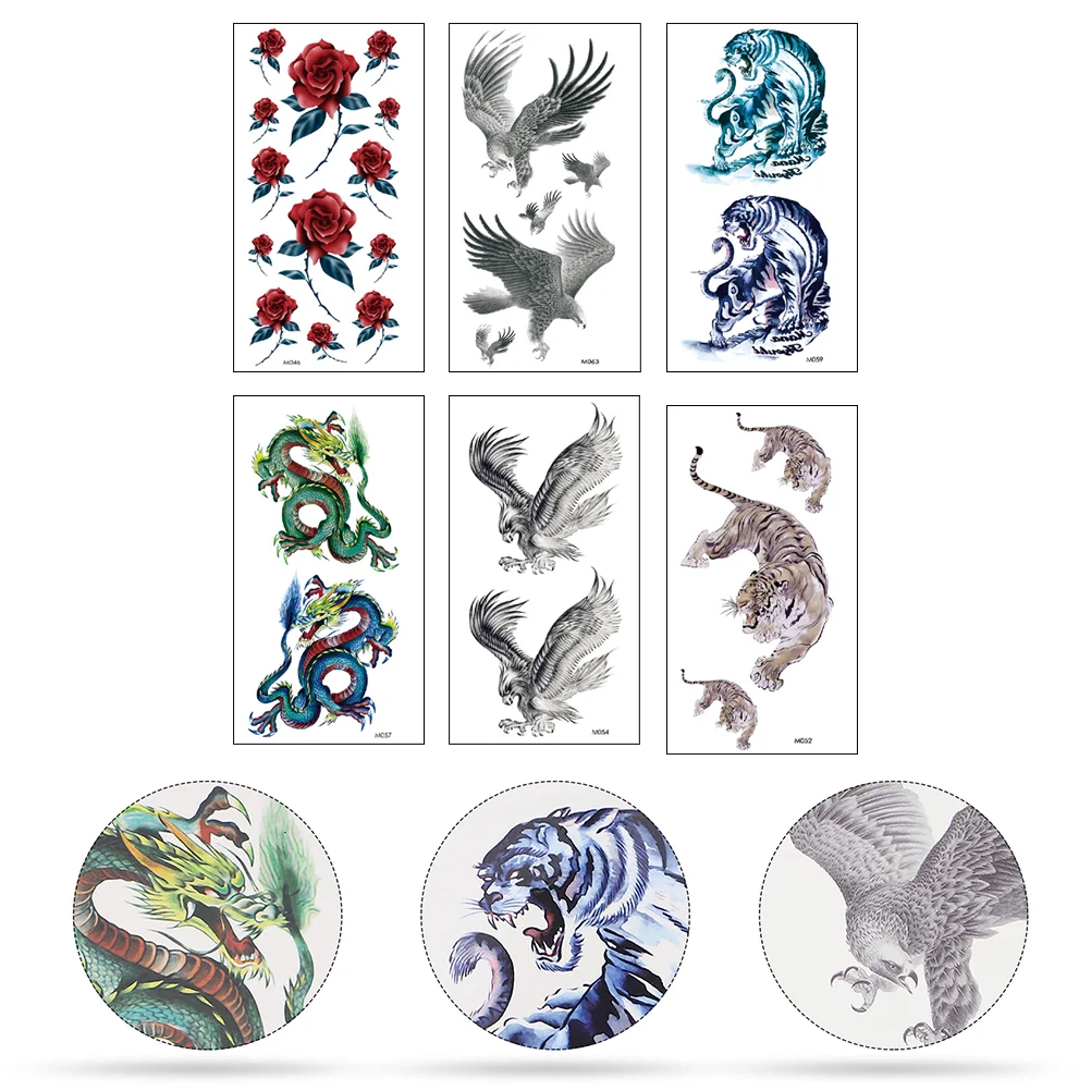 

6 Pcs Tattoo Stickers Disposable Tattoos Animal Design Decals Men Deco Black Body Temporary Tattooing Aldult