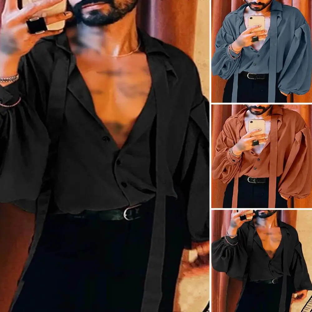 

Stylish Autumn Shirt Soft Lantern Long Sleeve Colorfast Men Loose Fit Solid Shirt Streetwear Shirt Top Workwear