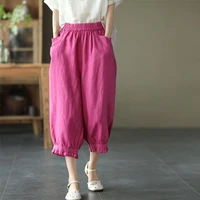 summer retro literary sweet lace casual pants cotton linen pants women elastic waist basic retro loose trousers