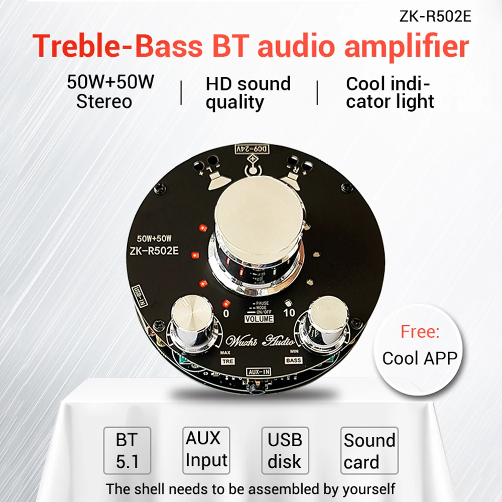 

ZK-R502E Cool Volume Indicator Bluetooth Audio Power Amplifier Board Module High and Low Bass Adjustment 50WX2 Amplifier Module