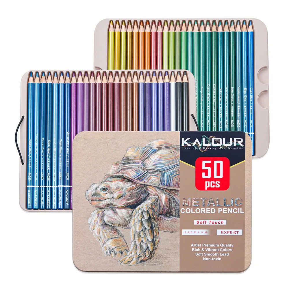 KALOUR 50Pcs Metallic Colored Pencils Soft Wood Golden Drawing Pencil Sketch Pencil Kit For Artist Adult Coloring Art Supplies
