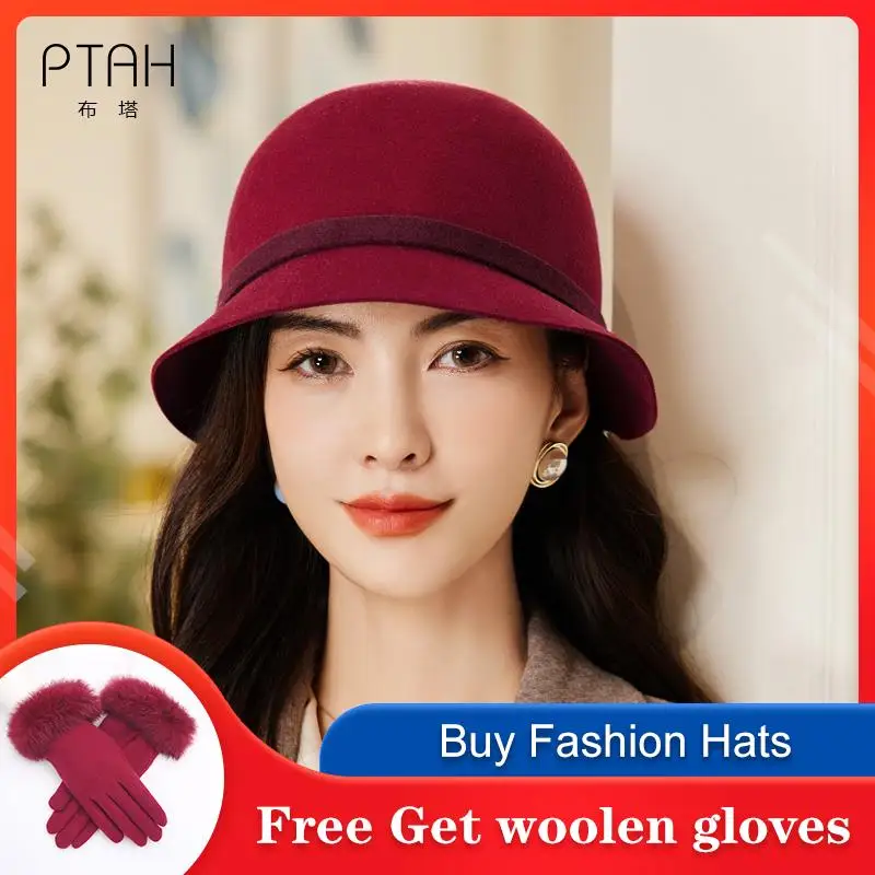 

[PTAH] Woolen Fedoras Hats Women Temperament Elegant Church Autumn Winter Ladies Bow Hats 100% Wool High Quality Caps for Women