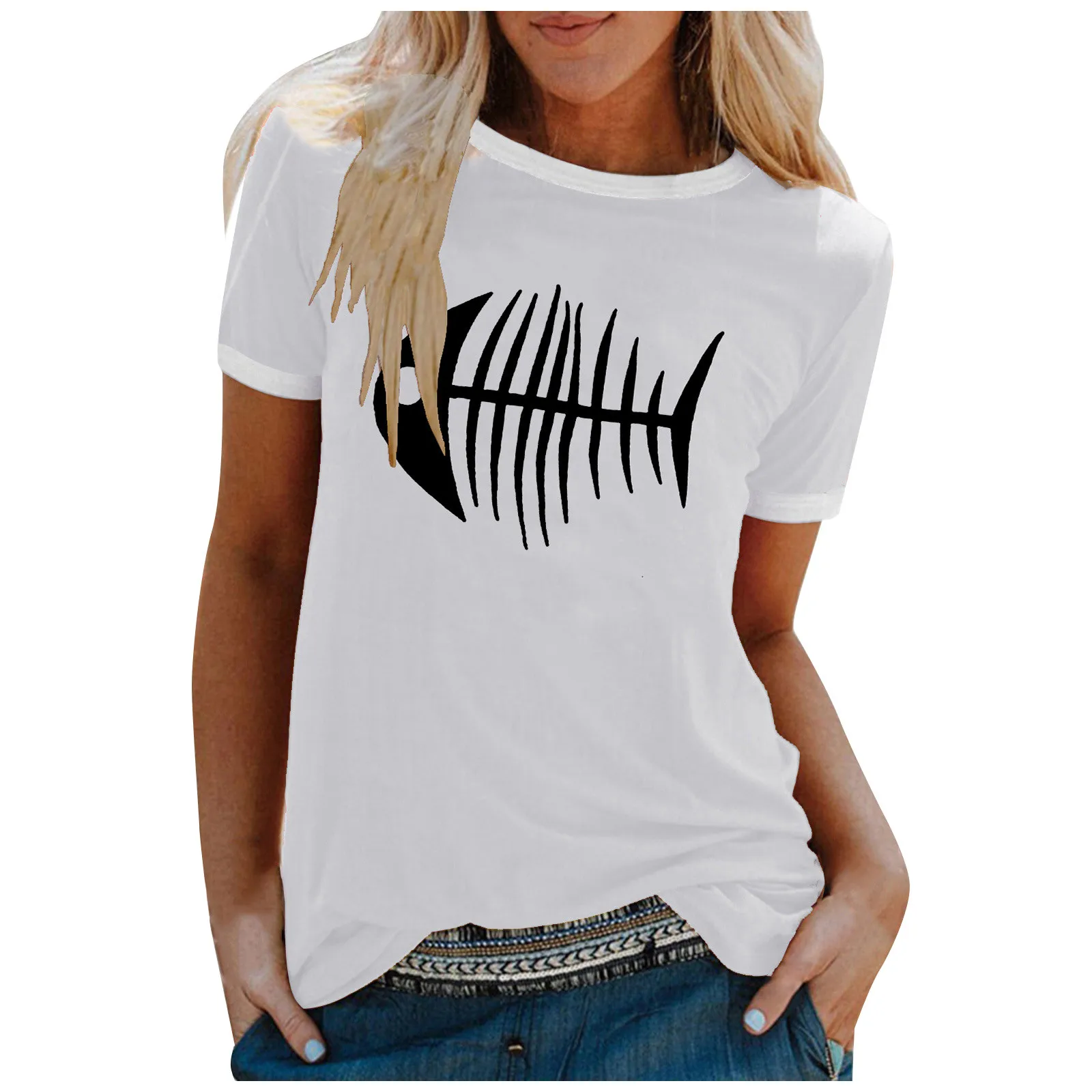 

Женские Модные топы Camisetas, блузки с принтом рыбы, летняя свободная футболка с круглым вырезом и коротким рукавом, женская одежда