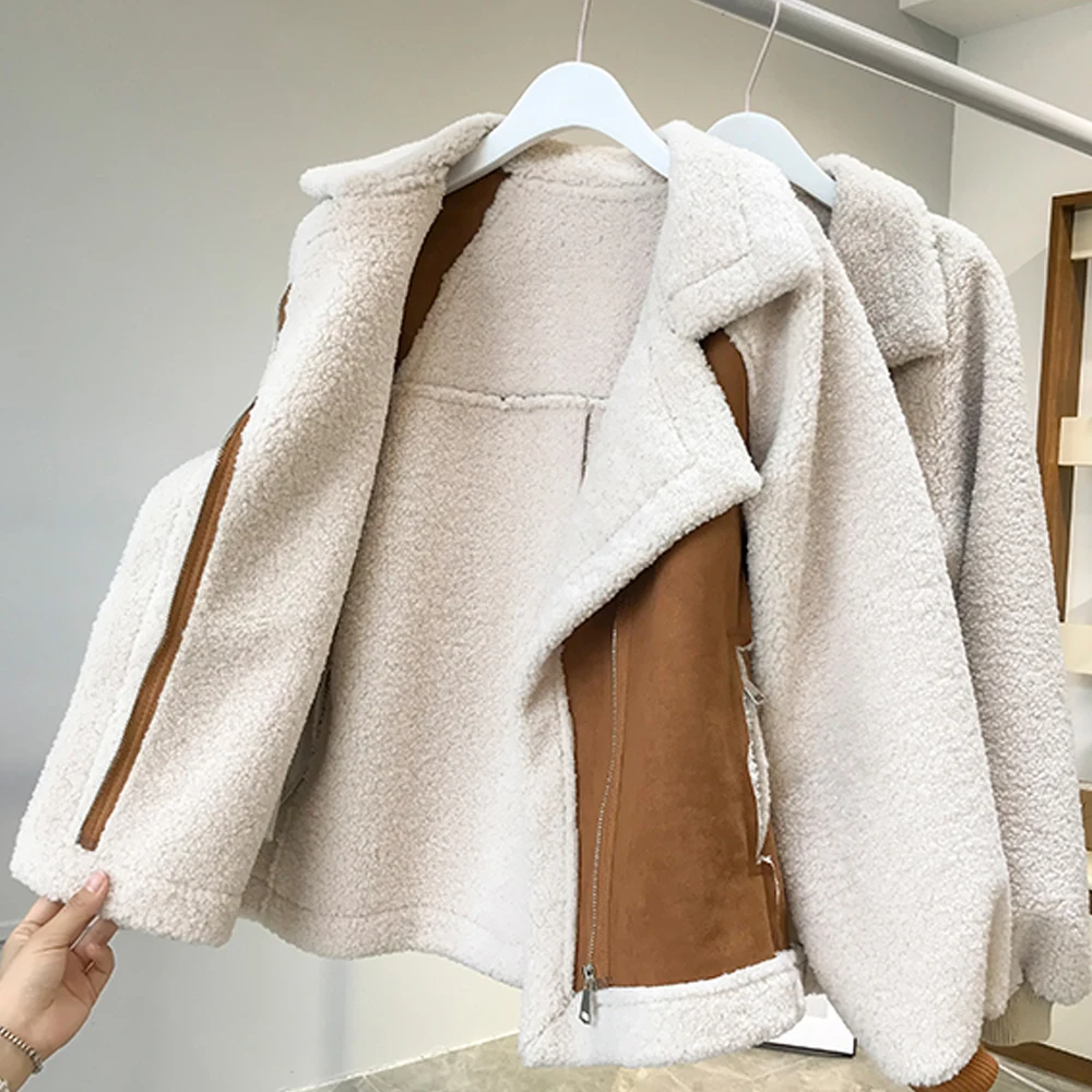 2023 New Autumn Winter Woman Faux Suede Warm Jacket Coat Vintage Lamb Wool Warm Long Sleeve Casual Loose Zipper Ladies Outerwear