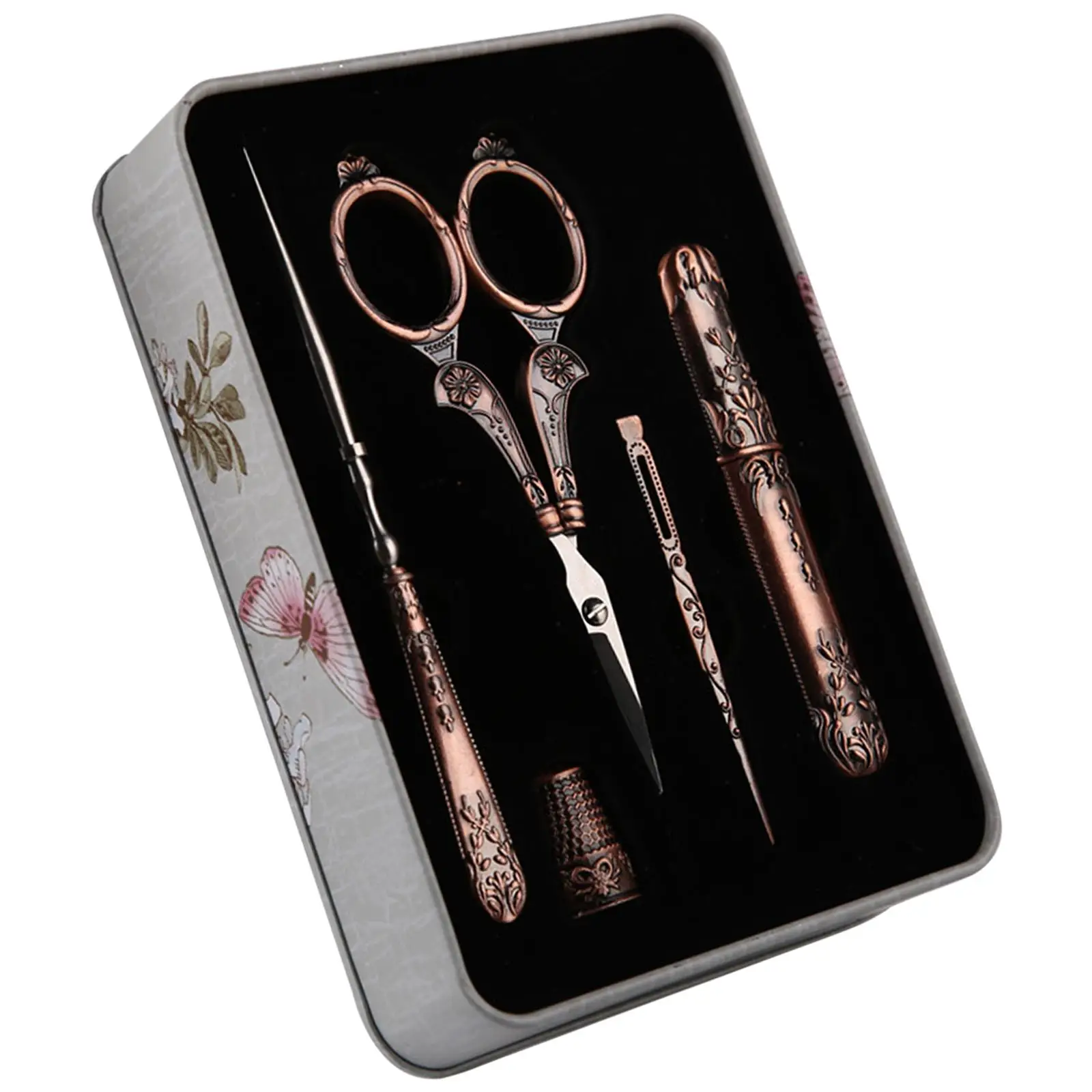 

Durable Embroidery Scissors Kit Sewing Tool Thimble with Storage Box Vintage